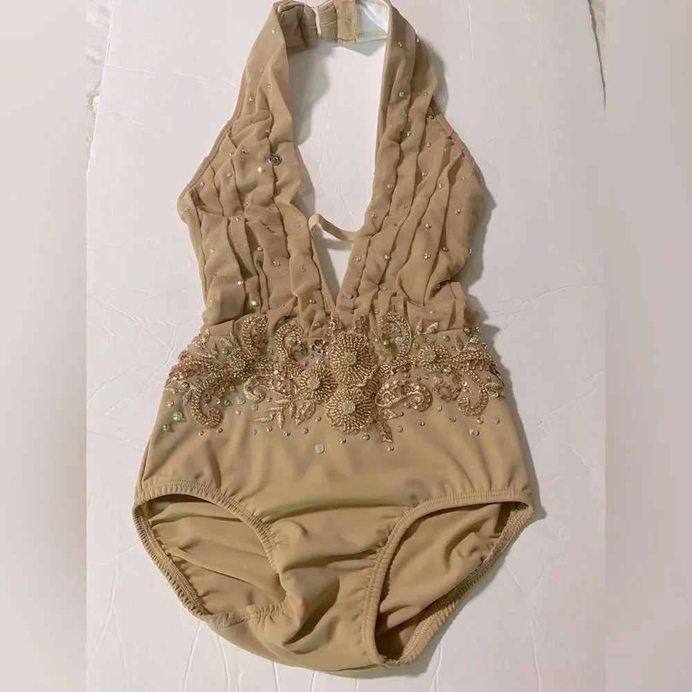 Glamorous solo dance costume Custom rhinestone lyrical dress gold tan LC child